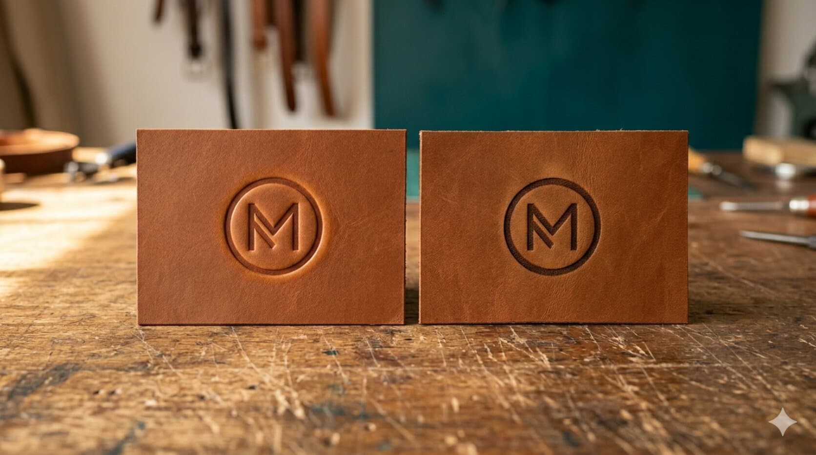 Comparativa lado a lado de cuño seco vs grabado láser sobre cuero cognac: monograma M en relieve limpio sin tinta (izquierda, cuño seco) versus marca oscura carbonizada (derecha, grabado láser), sobre mesa de taller con herramientas