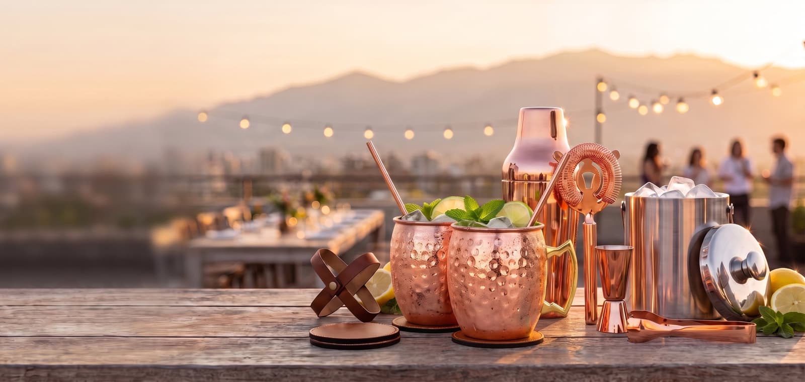 Set de coctelería de cobre con tazones Moscow Mule y posavasos de cuero en una terraza al atardecer