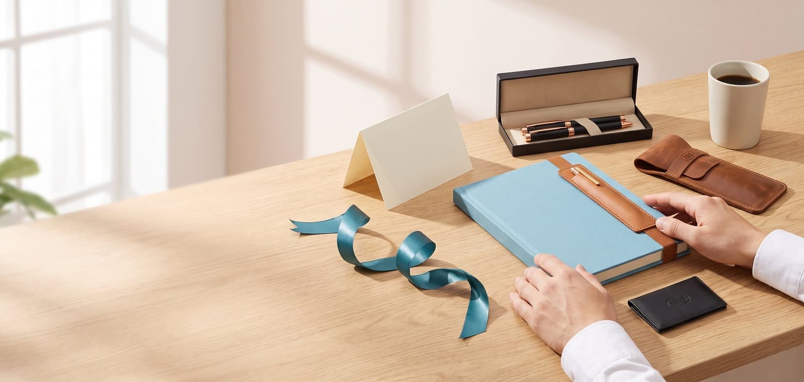 Libreta, estuche de cuero y set de bolígrafos sobre un escritorio