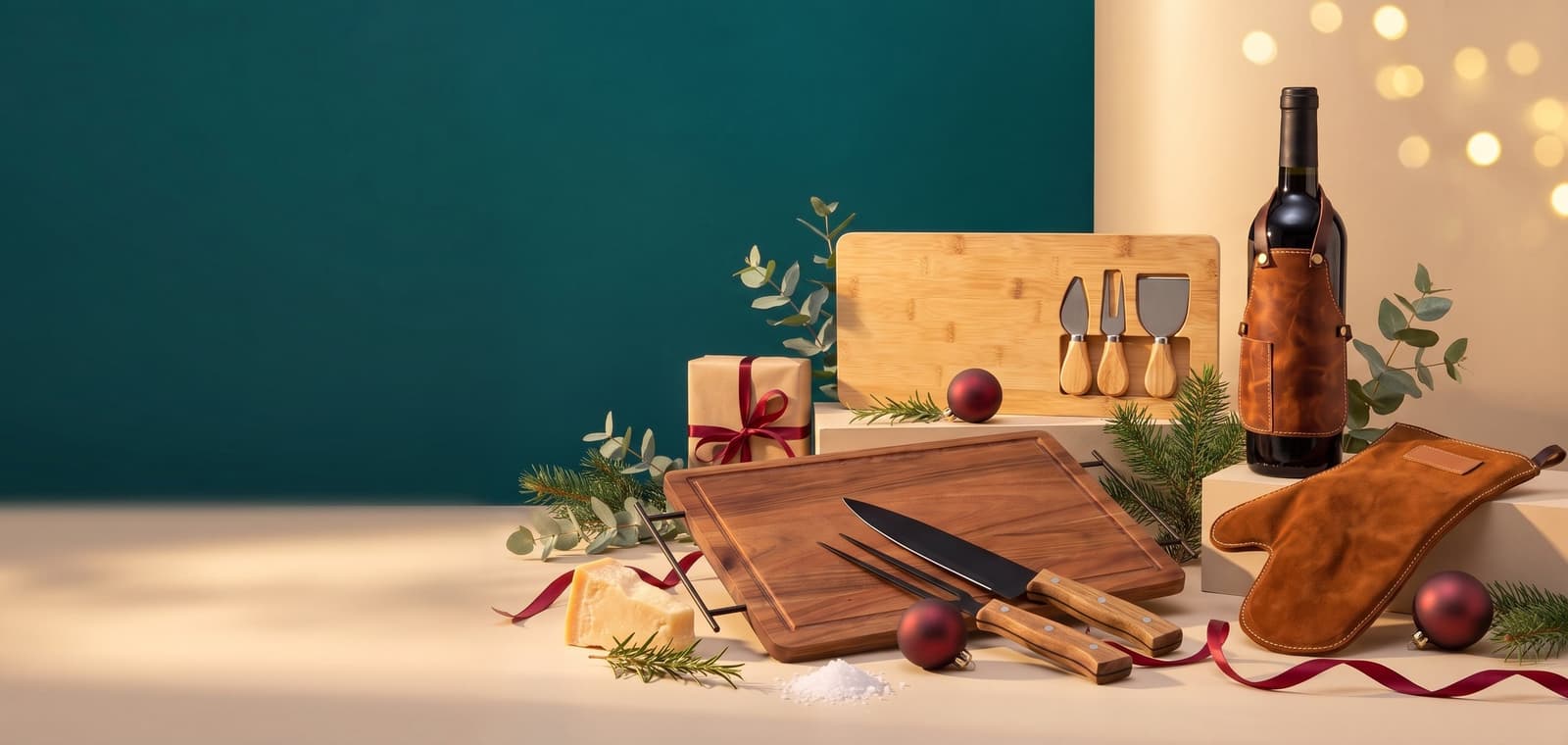 Tabla de quesos, cuchillos de asado y vino con delantal de cuero entre adornos de Navidad