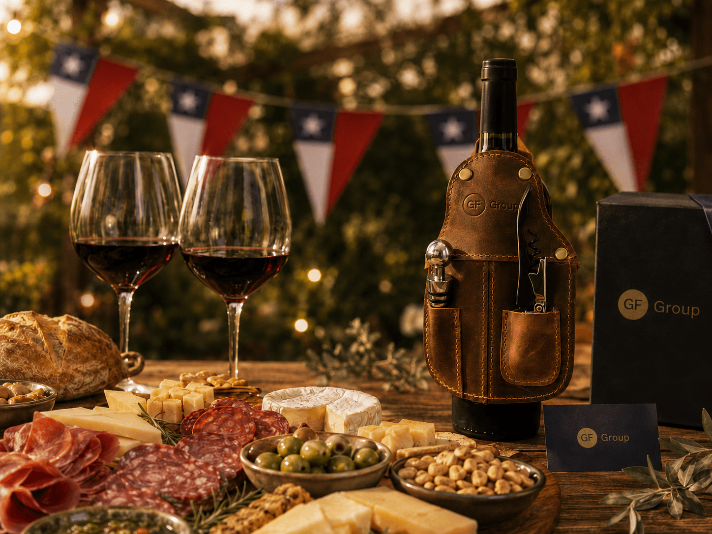 Regalo corporativo para Fiestas Patrias: portavino de cuero artesanal con cuño personalizado, tabla de quesos, charcutería y vino tinto