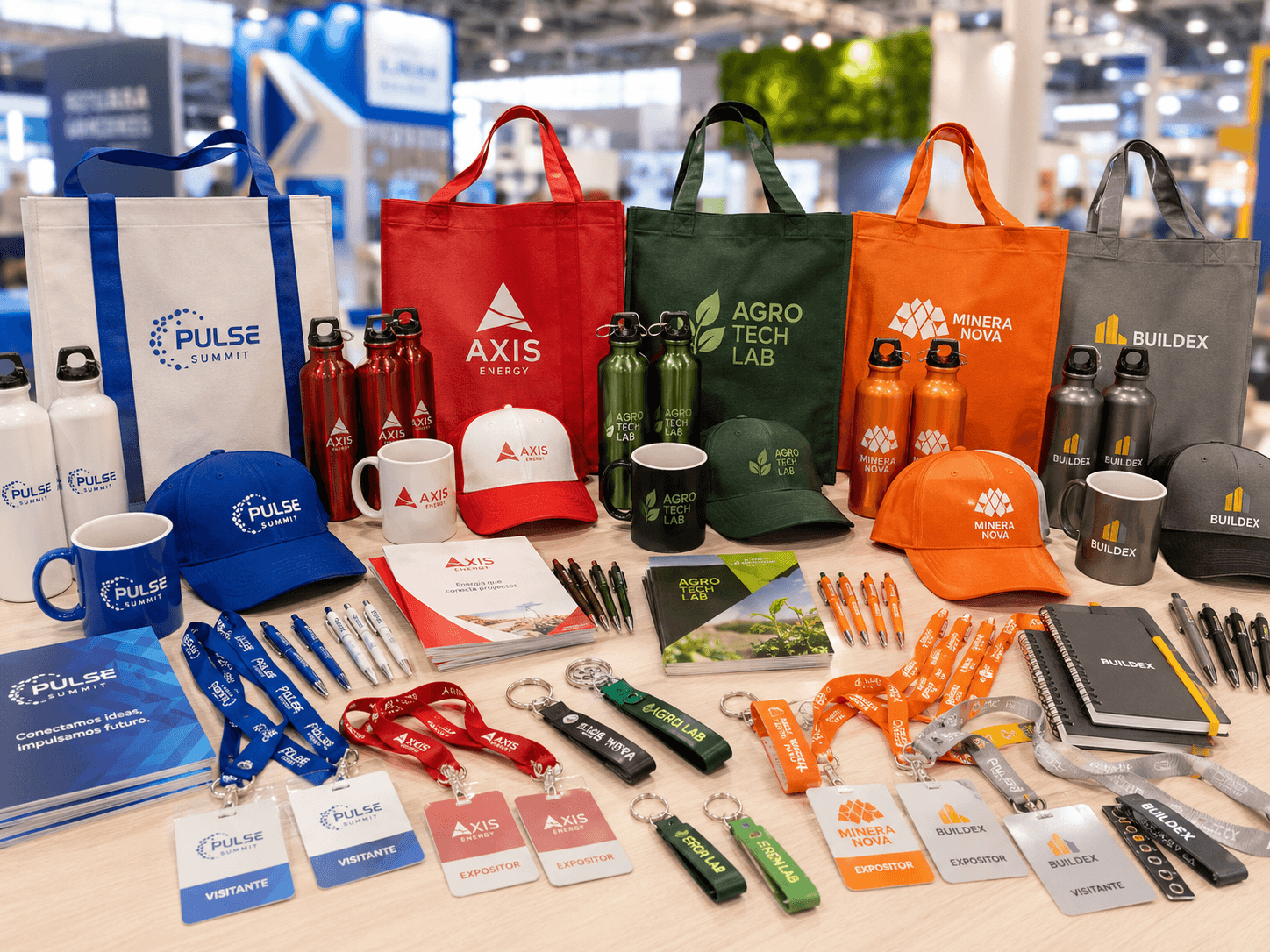 Activación de marca y kits para eventos corporativos y ferias: bolsas, gorras, libretas, botellas y credenciales con identidad del expositor