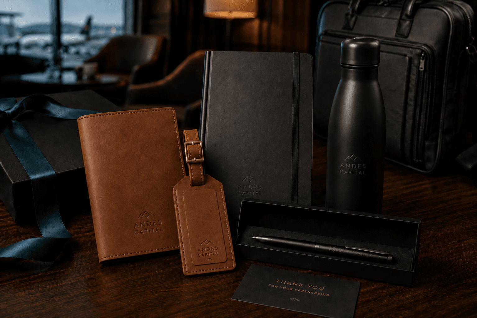 Kit ejecutivo premium para viajeros corporativos: portadocumentos de cuero, tarjetero, libreta, termo y maletín en lounge ejecutivo